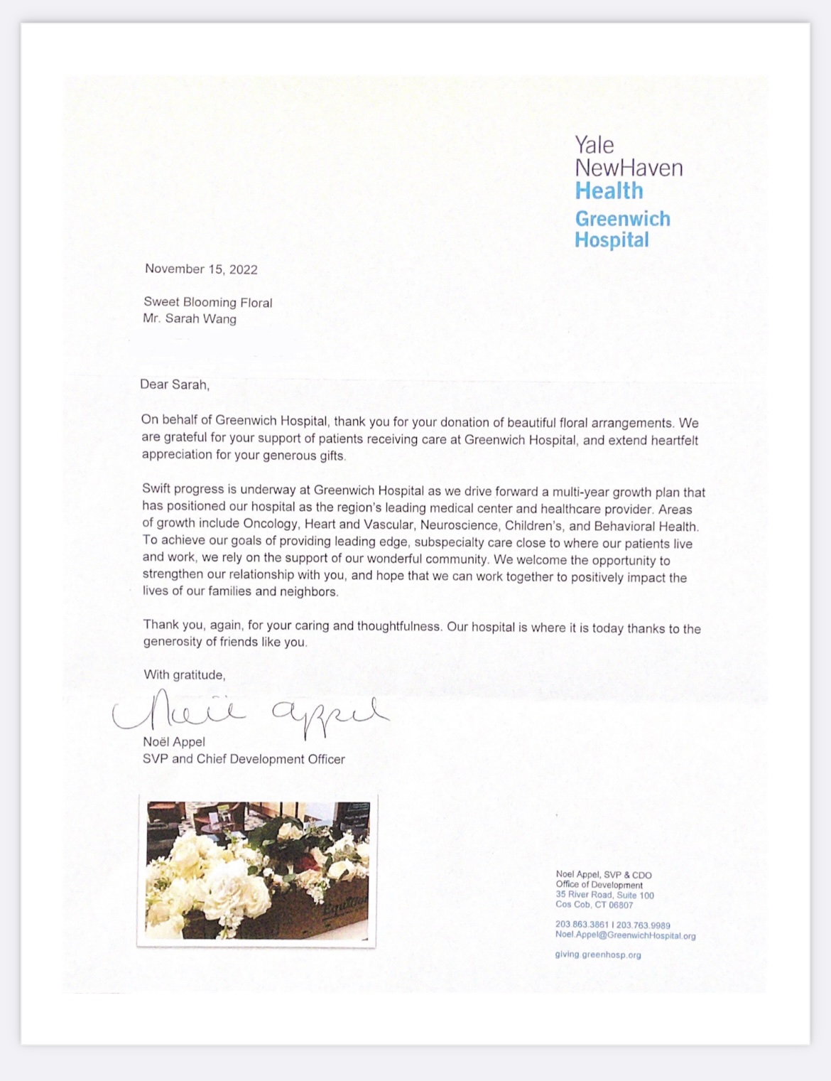 Letter of appreciation from Greenwich Hospital